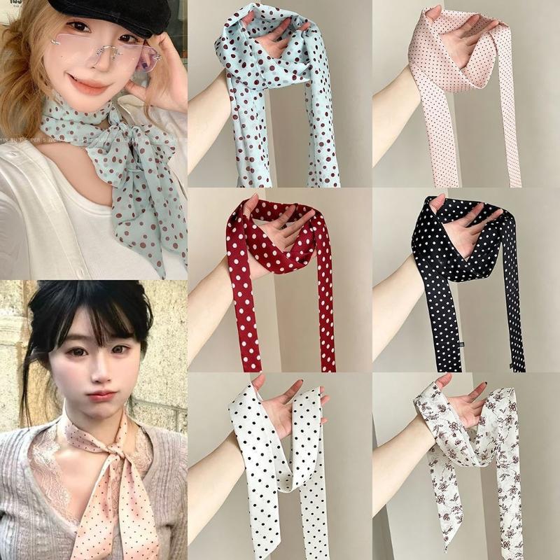 Ascot Neck Scarf - 폴카 도트 꽃무늬 프린트 실크 스카프
